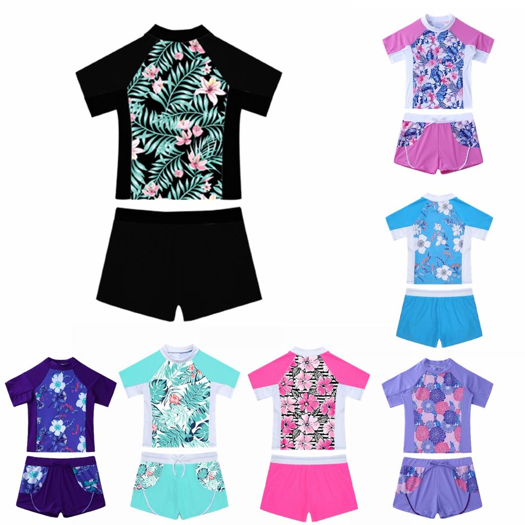 Dětské Dívčí Tričko Tankini Set s květinovým potiskem Rash Guard s plavkami Krátké kalhoty Plavky Plavky
