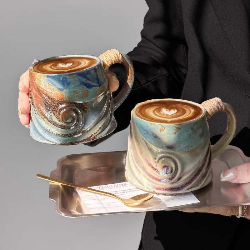 Coarse Ceramic Coffee Mugs, 320ml, Large Capacity, Wide Bottom, Transmutation Glaze Craft, Handmade Pottery Mug, Tea Cups with Hemp Rope Handle