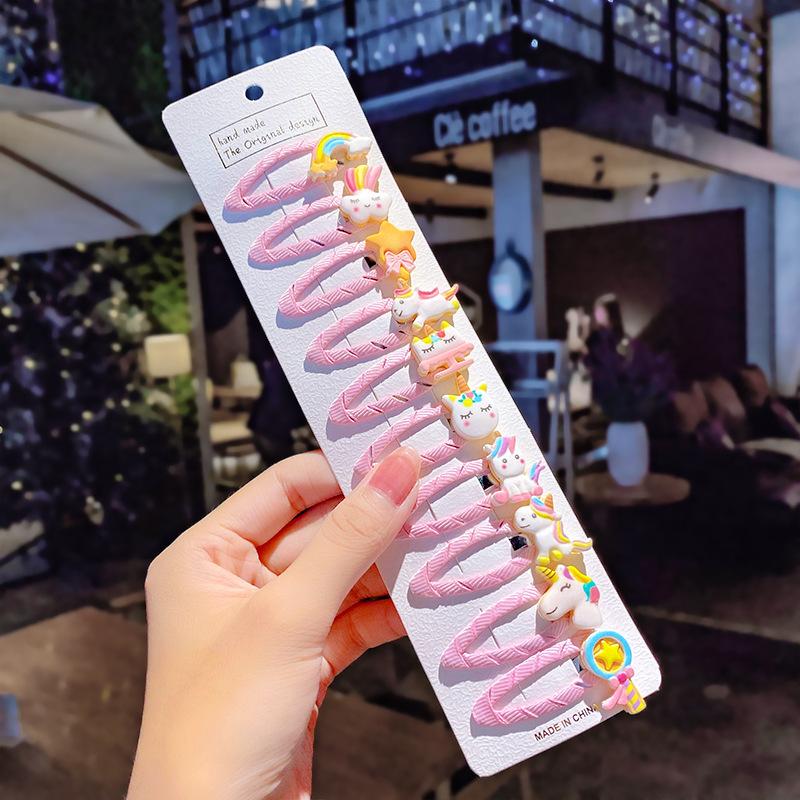 10 pçs/conjunto Meninas Bonito Desenho Animado Unicórnio Arco-Íris Flor Presilhas de Cabelo Crianças Doce Decoração de Cabelo Franja Grampos de Cabelo Acessórios de Cabelo