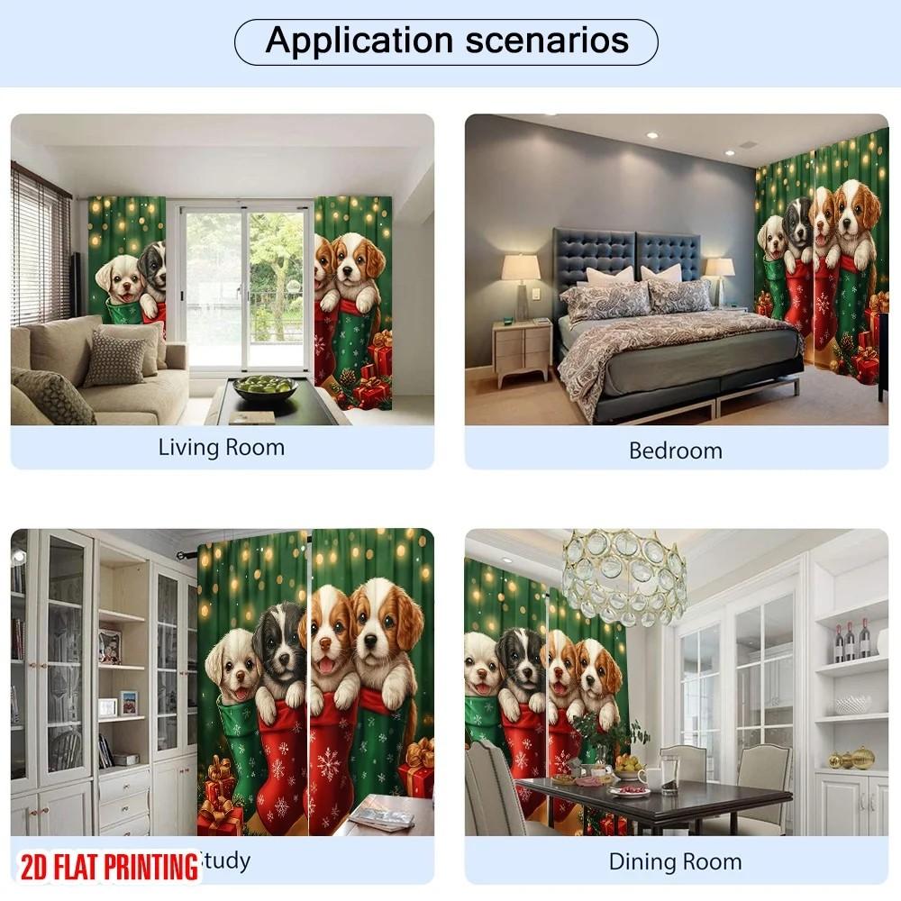 Set Of 2 Jit Cute Puppy Floral Curtain Polyester Christmas Window Decor Home Blackout With Rod Pocket