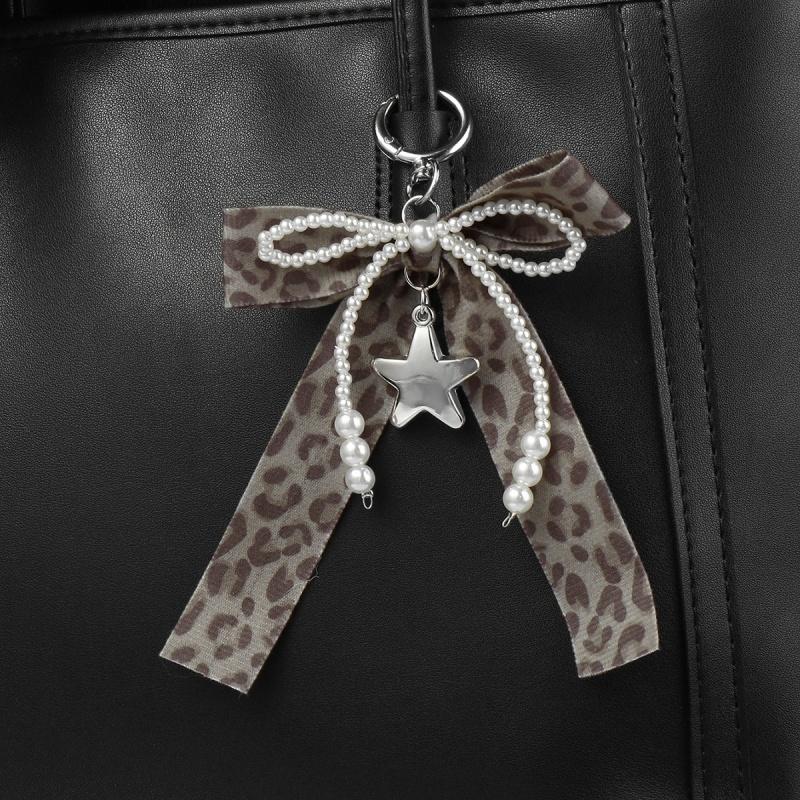 Y2K Sweet Leopard Beads Ribbon Love Bow Keychain Imitation Pearl Key Ring Student Women's Charms Bag Backpack Pants Decoration