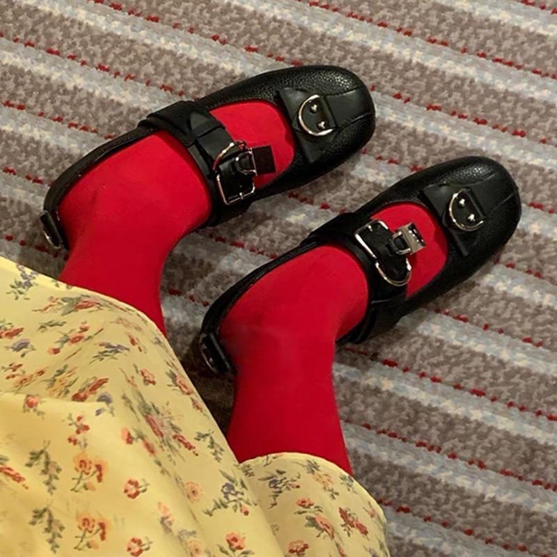 Flat-soled Single Shoes Spring and Autumn New Metal Buckle Ballet Round Head Black Mary Jane Shoes Women