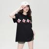 Summer Fashion Hand Sewn Three-dimensional Flower Loose T-shirt, Fresh and Versatile, Casual Mid To Long Length Top