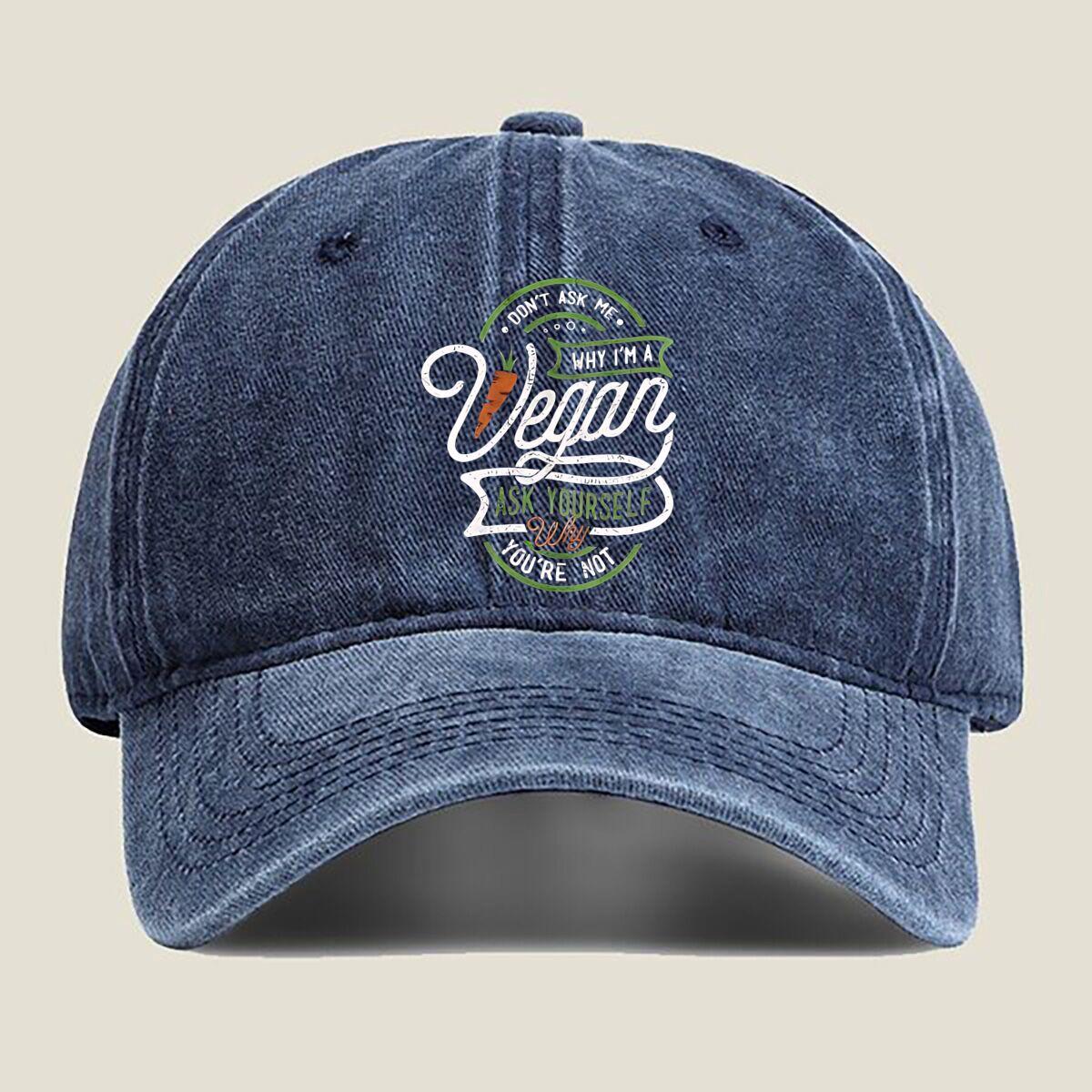 

“Why I’m A Vegan” Slogan Fashion Washed Baseball Cap Hat Outdoor Activities One Size темно-синього кольору