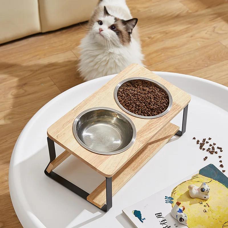 קערות עץ מוגבהות לגורי חתולים עם מעמד מתכוונן, מחזיק קערות מים ומזון מוגבהות לחתול, מזין לארנב לחיות מחמד קטנות ובינוניות