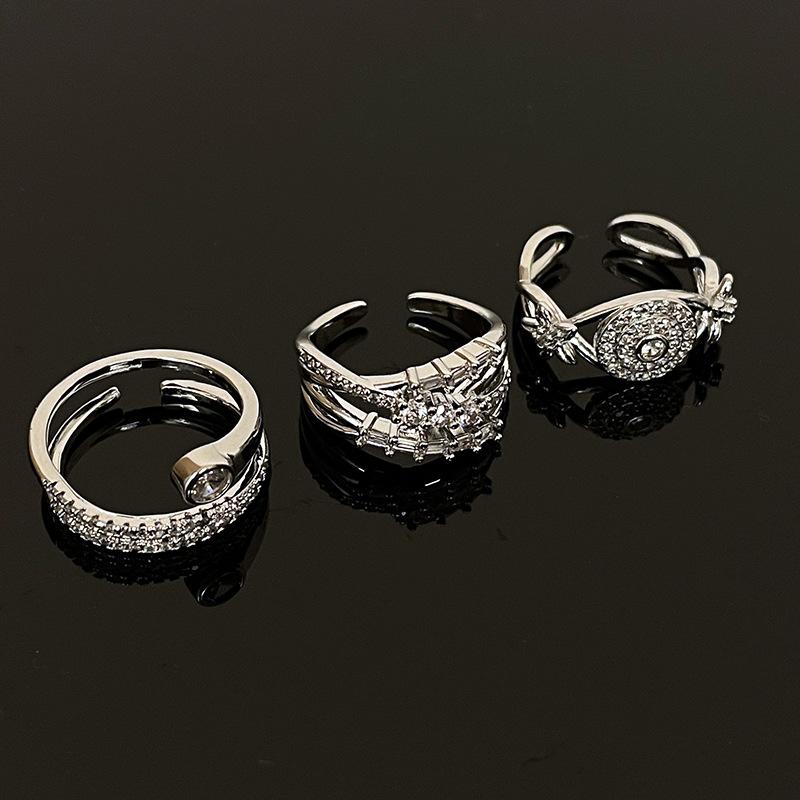 Geometric Full Diamond Zircon Ring Women'S Light Luxury Niche Design High-End Index Finger Ring Set Cold Wind Ring
