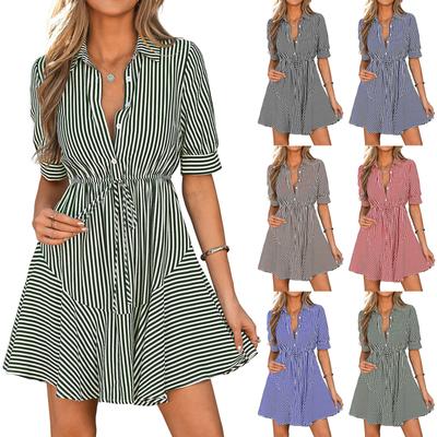Women’s Button Down Striped Shirt Dress with Drawstring Waist and Collared Neckline Short Sleeve Loose Fit Casual Style