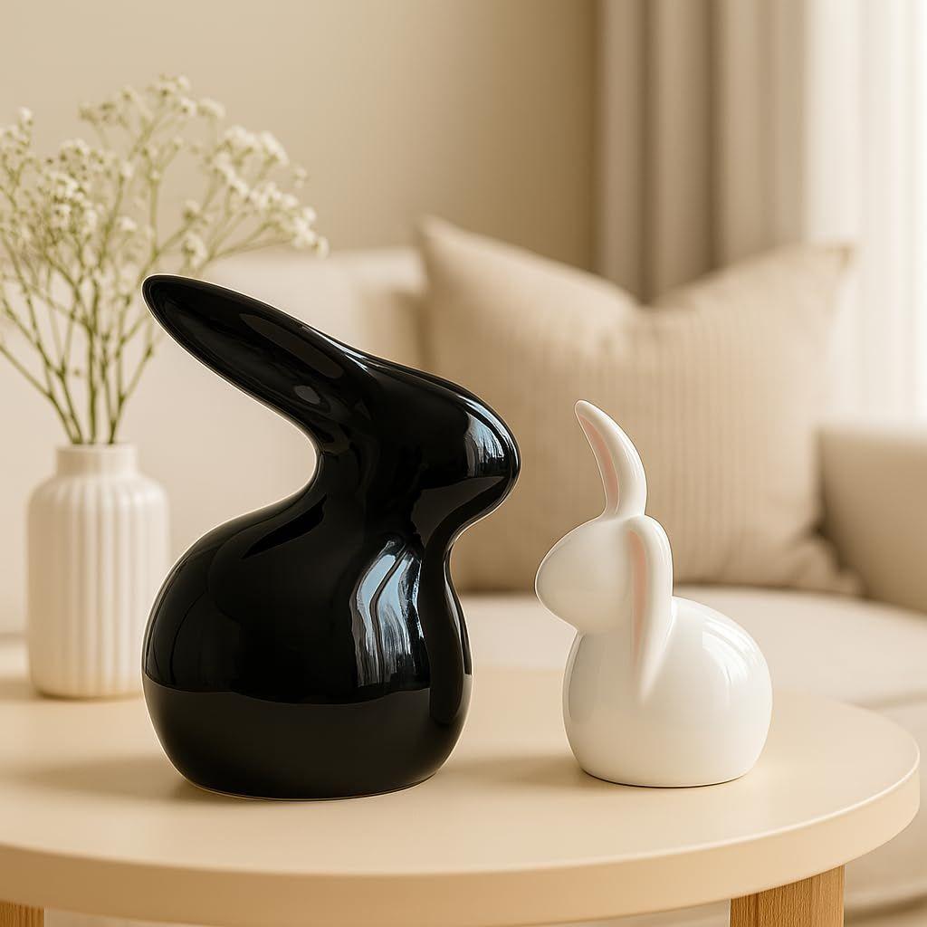 Home Decor Ceramic Rabbit Figurines (Set of 2, Black and White)
