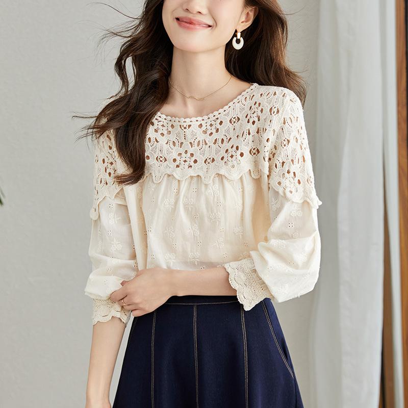 Apricot Embroidered Shirt for Women Long-sleeved Autumn Clothes New Lace Hollow Top Pure Cotton Embroidered Shirt