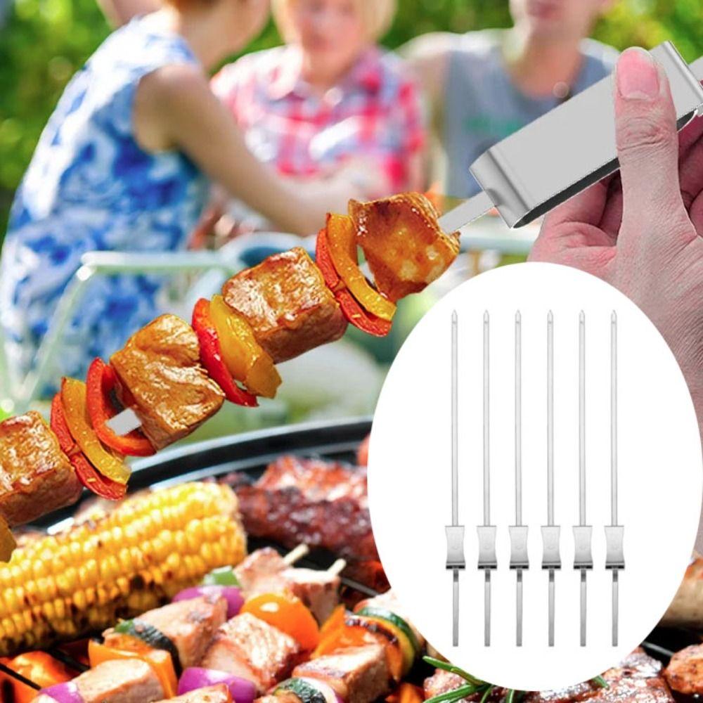 6Pcs Stainless Steel Barbecue Skewer Semi-automatic BBQ Stick Barbecue Needle  Picnic