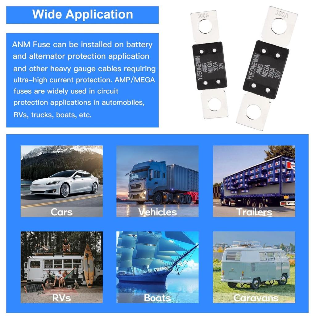 300A MEGA/AMG Fuses, 6 Pcs 300A MEGA/AMG High Current Fuse Bolt Down Auto Fuse Time Delay for Cars, Trucks, Construction Vehicles, Buses, Caravans,