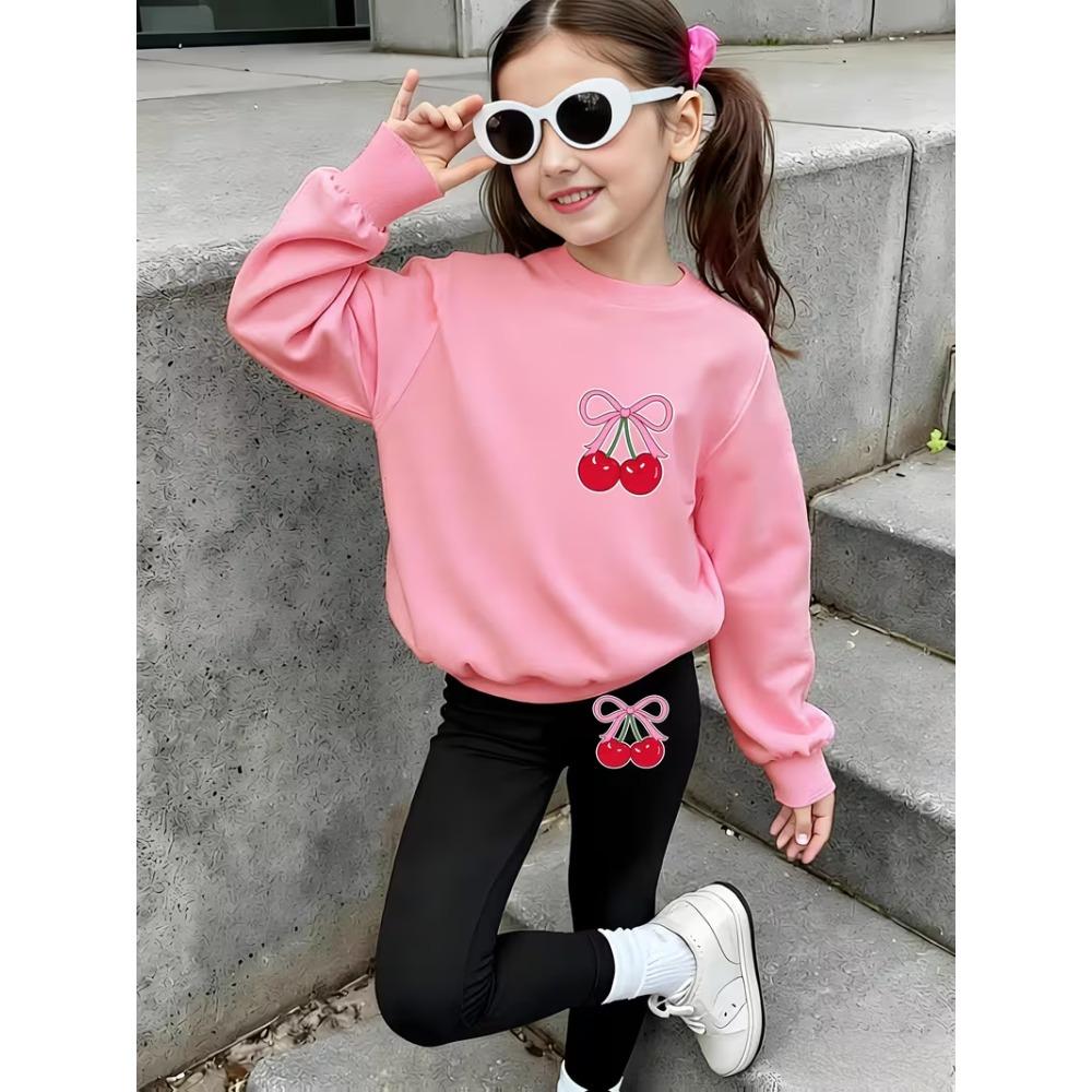 Girls' Cherry Bow Casual Comfortable Soft Loose Pullover Sweatshirt and Leggings 2-Piece Set, New Autumn/Winter, Playful, Sweet and Cool Style