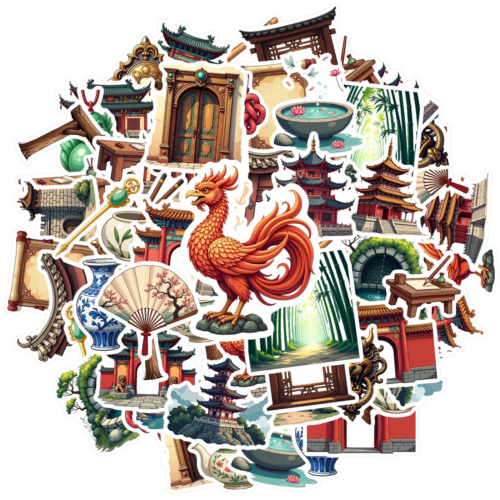35pcs-70pcs Vintage Mythical Creatures Stickers Traditional Architecture Chinese Culture Stickers Stickers For