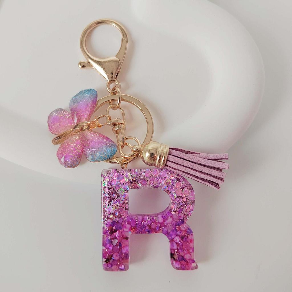 Purple Iridescent Resin Letter Keychain with Butterfly Tassel