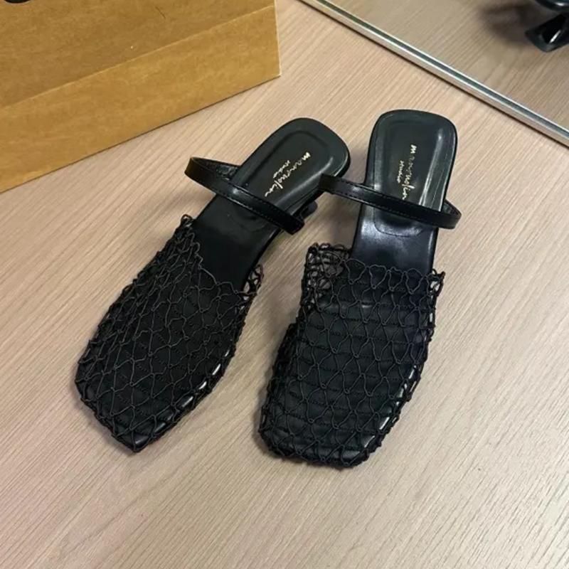 Fashion SUOJIALUN 2024 Summer New Women Slipper Fashion Mesh Ladies Elegant Sandal High Weadge Dress Heel Slip On Mules Pumps Shoes