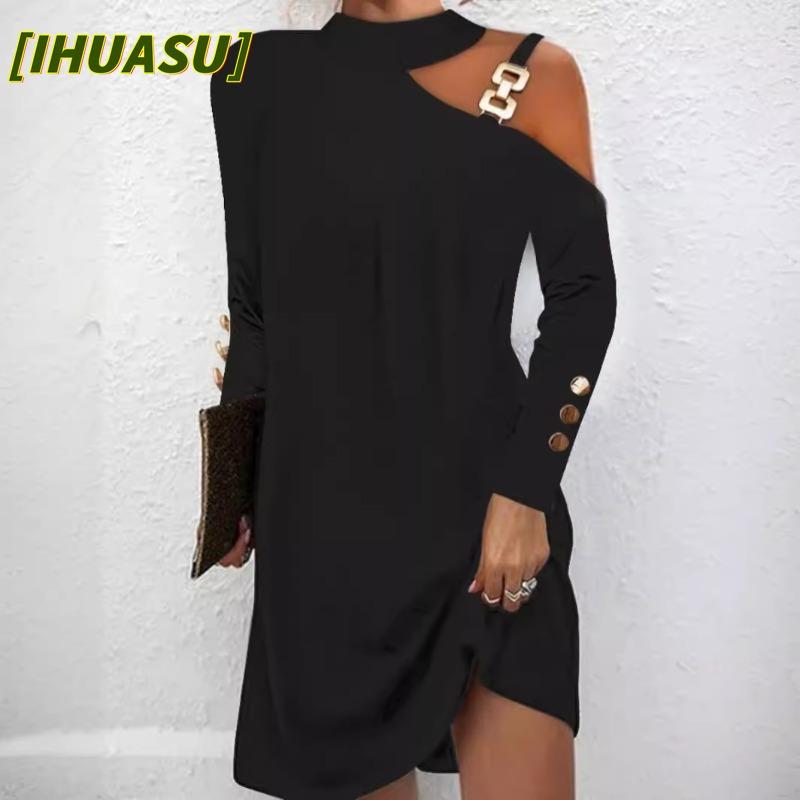 IHUASU Fashion Autumn Winter Solid Color Print Long Sleeve Casual Dresses International design