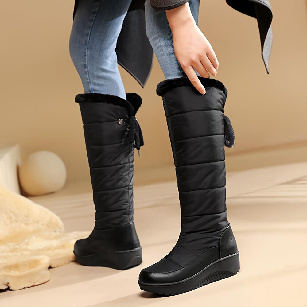 Women's Fuzzy Faux Fur Winter Snow Boots Fashion Platform Wedges Heel Pull On Waterproof Casual Comfy Knee High Boots Woman