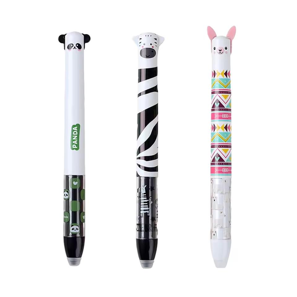 2 In 1 Erasable Gel Pen Cartoon Animals 0.5mm Blue Red Magic Ink Smooth Writing Washable Handle Office School Writing Stationery