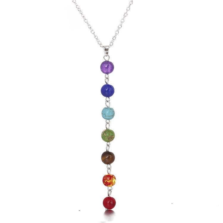 Seven-Color Stone Bead Pendant Yoga Mala Necklace with Charm