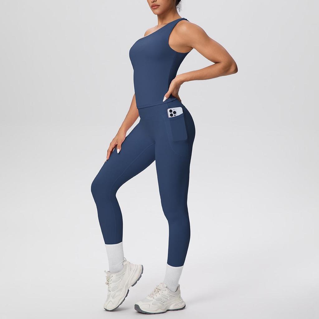 European & American Solid Color One-Shoulder Sports Vest & High-Waisted Pocket Yoga Pants Fitness Set for Women