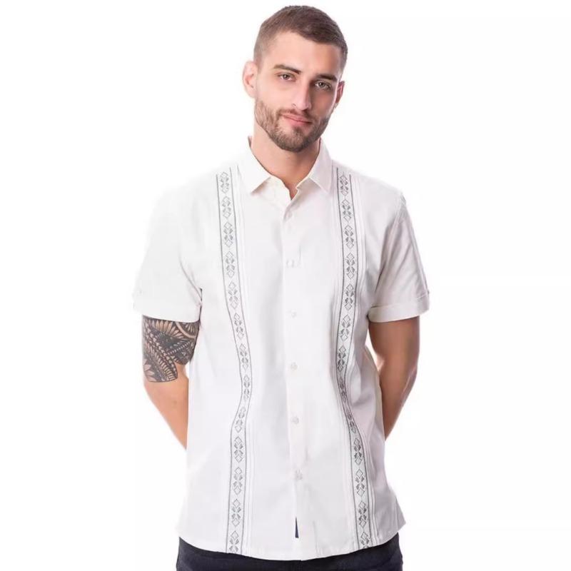 Mens Embroidered Short Sleeve Button Down Casual Linen Shirt M белый