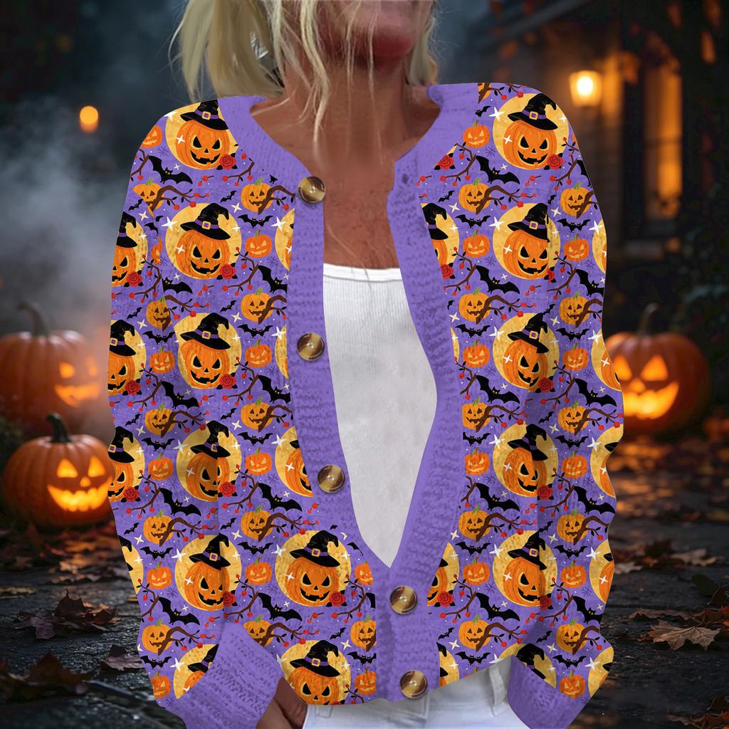 Women's Halloween Print Long Sleeve Knit Cardigan Button Front Sweater for Fall Outfits