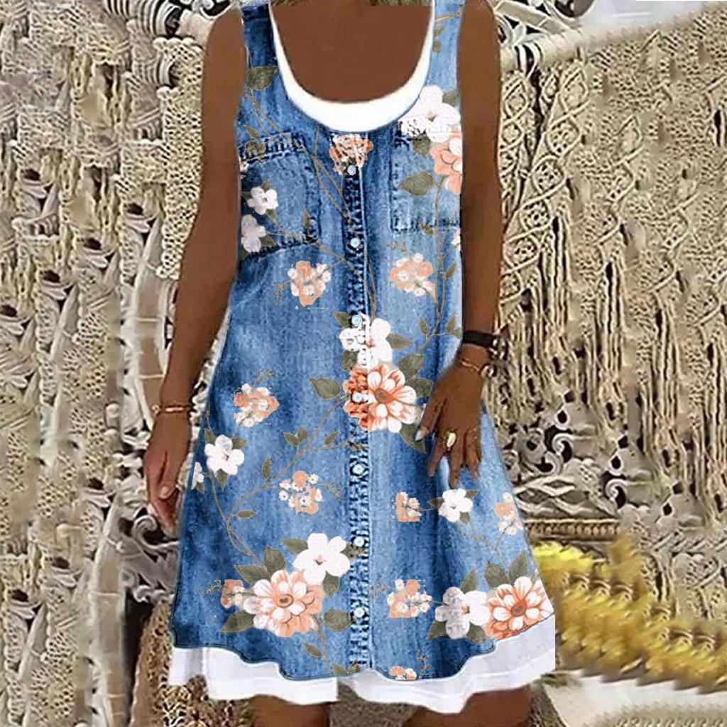 Summer Beach Floral Printed Cute Dress O Neck Sleeveless Casual Loose Mini Dress Womens Vacation Holiday Short Dress Vestidos