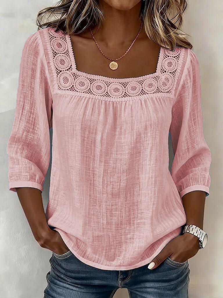 Women's Square Neck Lace Trim 3/4 Sleeve Blouse Multi Colors Casual Top
