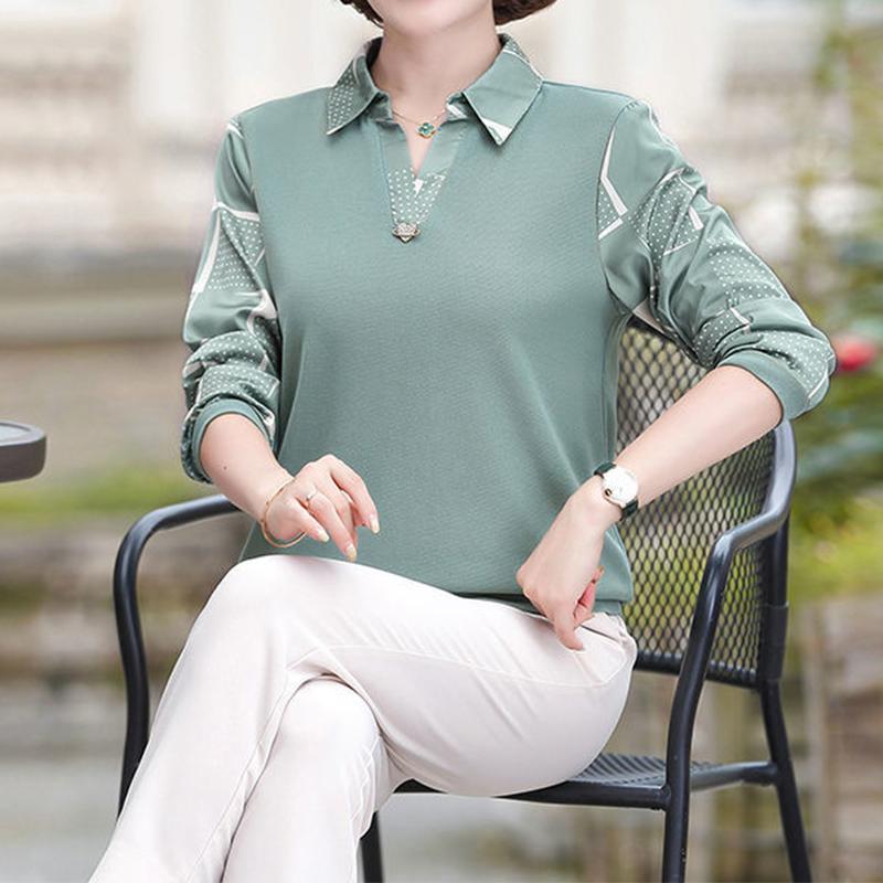 Casual Fashion Solid Patchwork Printed Shirt Spring Autumn Office Lady Polo-Neck Long Sleeve Loose Pullover Ladies Clothing