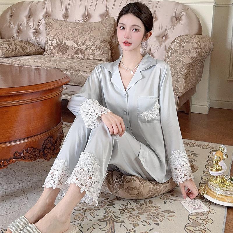 Ice silk pajamas women's 1011 spring and summer new long-sleeved silk satin light luxury high-end thin loungewear set