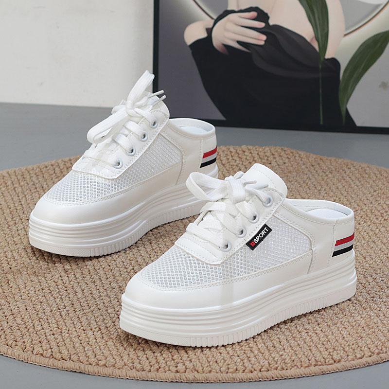 Mode 7CM Air Mesh Echtleder Lässige Bequeme Schuhe Klobige Slipper Hohe Marke Atmungsaktiv Sommer Plateau Keilabsatzschuhe