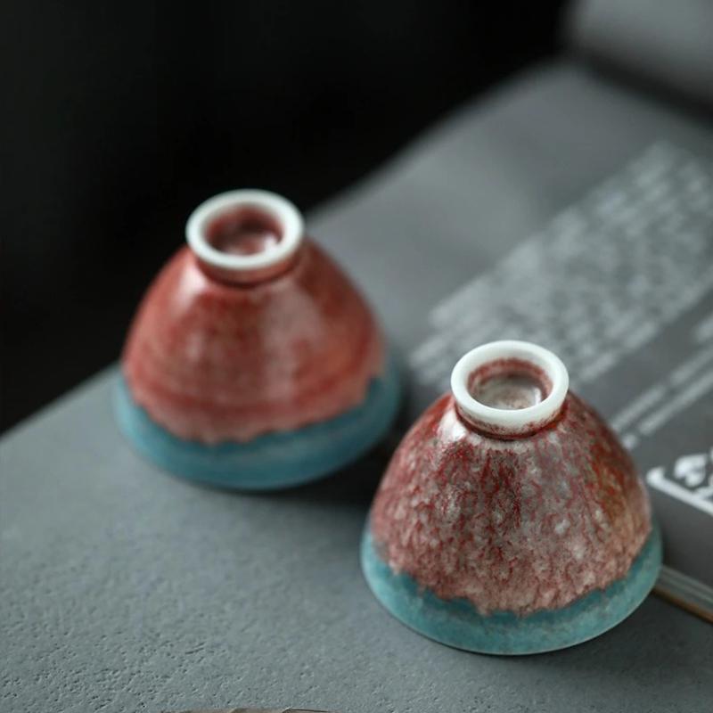 Rote Blaue Ofentransformation Meisterbecher Teedose Handgefertigt Keramik Persönlicher Becher