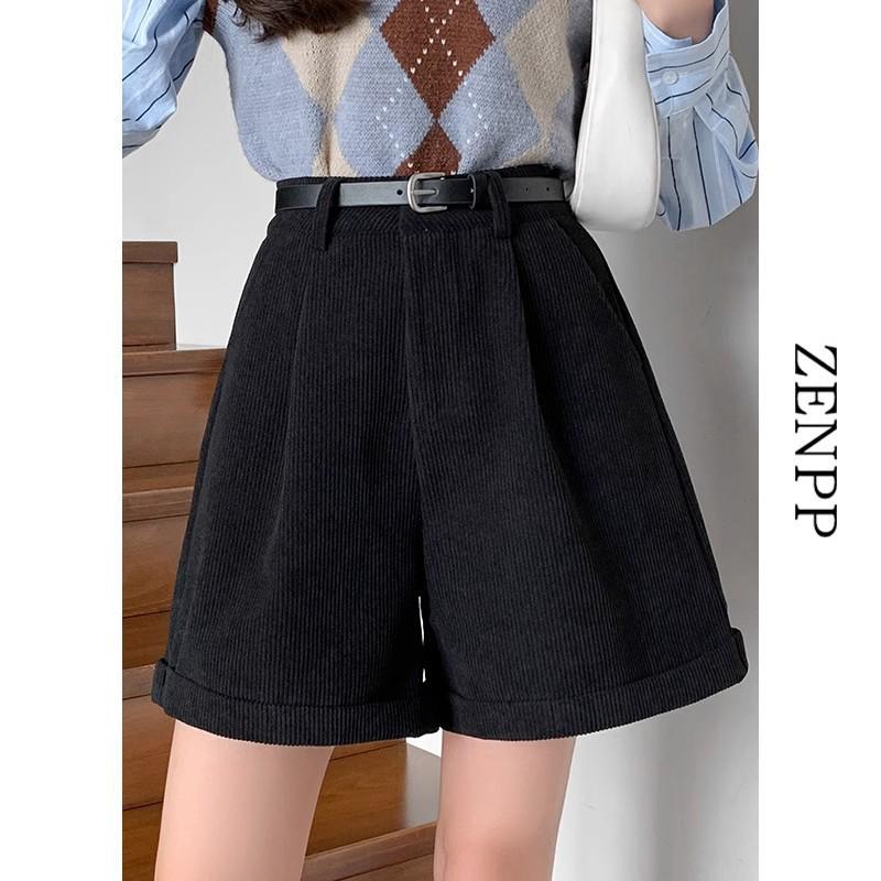 Maillard Coffee Corduroy High-Waist A-Line Shorts for Women - Autumn/Winter