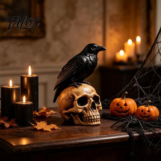 Resin Skeleton Figurine Halloween Skull Figurine, Realistic Human Head Statue, Creepy Gothic Accents Crow on Sculpture for Home Tabletop Mantel Decor