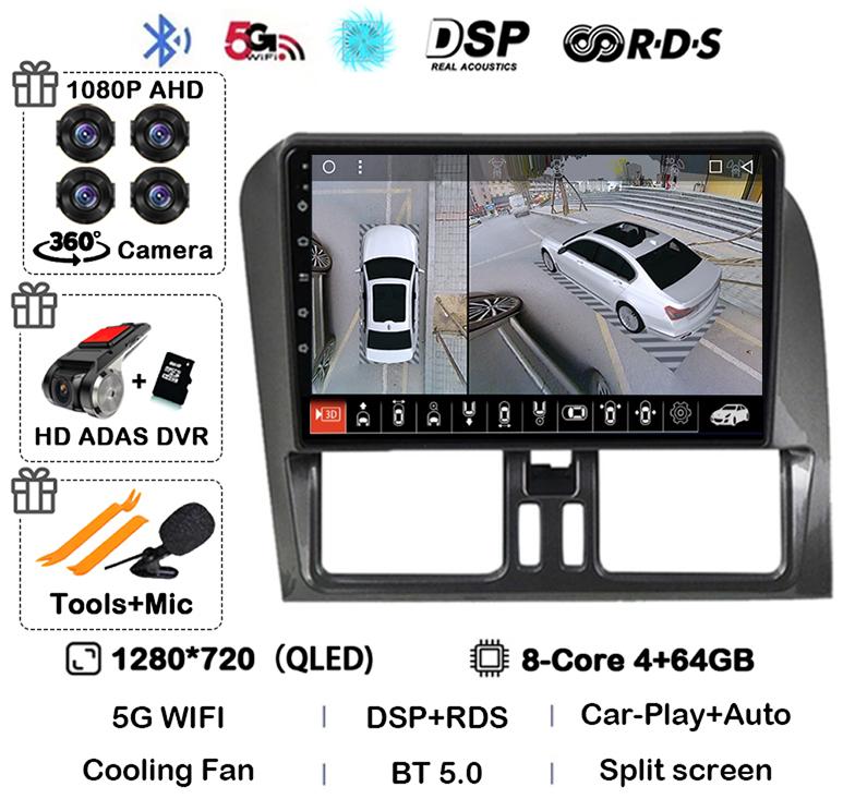 Android 14 Carplay Auto For Volvo XC60 2009-2017 Car Radio Multimedia GPS Navigation Video Player Autoradio Stereo Head Unit DSP