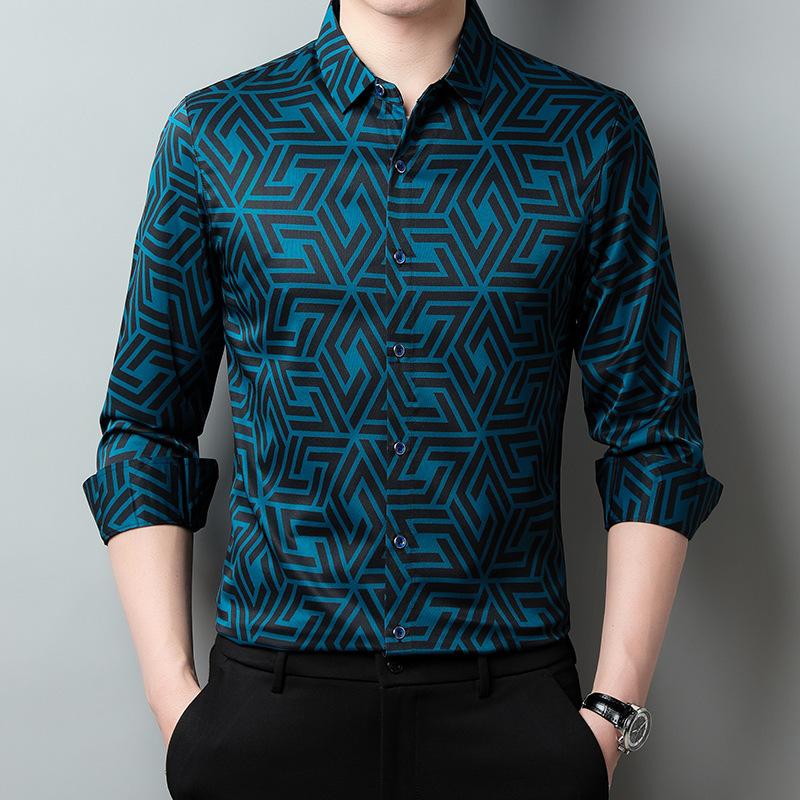 Men's Shirt Plaid Long-sleeved Business Casual Spring and Autumn Lapel Contrast Fashion Casual Top