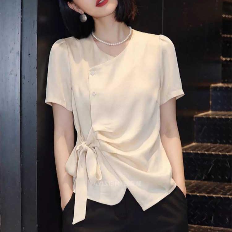 Summer new fashion solid color lace-up short-sleeve T-shirt, high-end commuter style niche design top