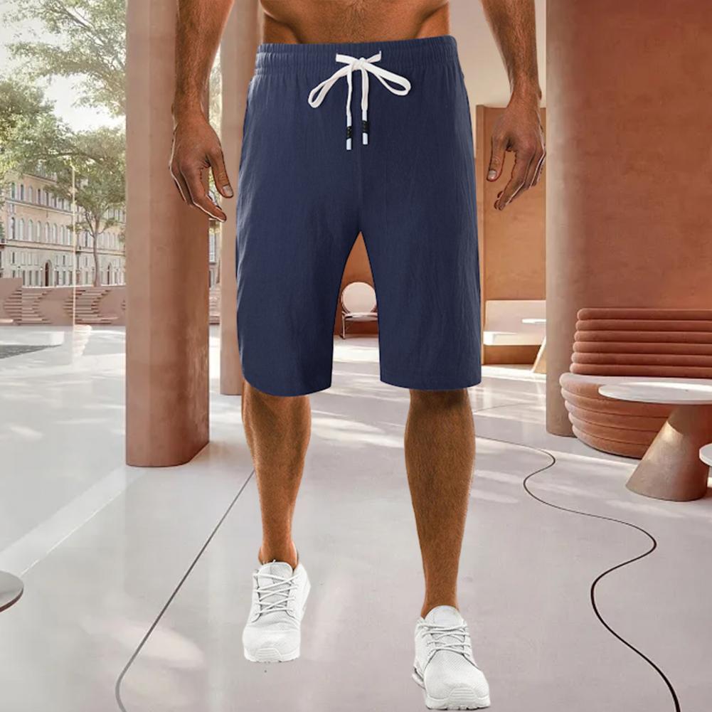 Men Sport Short Pants Drawstring Elastic Waist Straight Comfortable Fit Knee Length Soft Breathable Pockets Single Color Men Summer Everyday Short