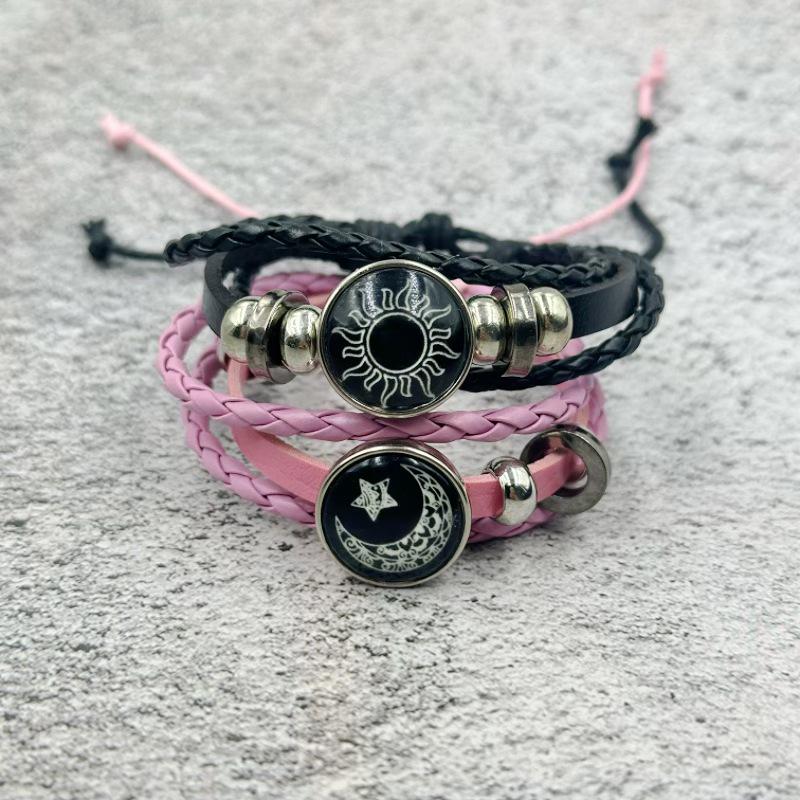 Luminous Sun & Moon Time Gem Unisex Vintage Leather & Beaded Bracelet