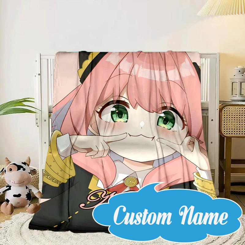 Custom Name Pink Hair Anya Blanket Bed Sofa Blanket Flannel Blanket for Camping, Hiking, Picnic Essentials,gift for Fan Family