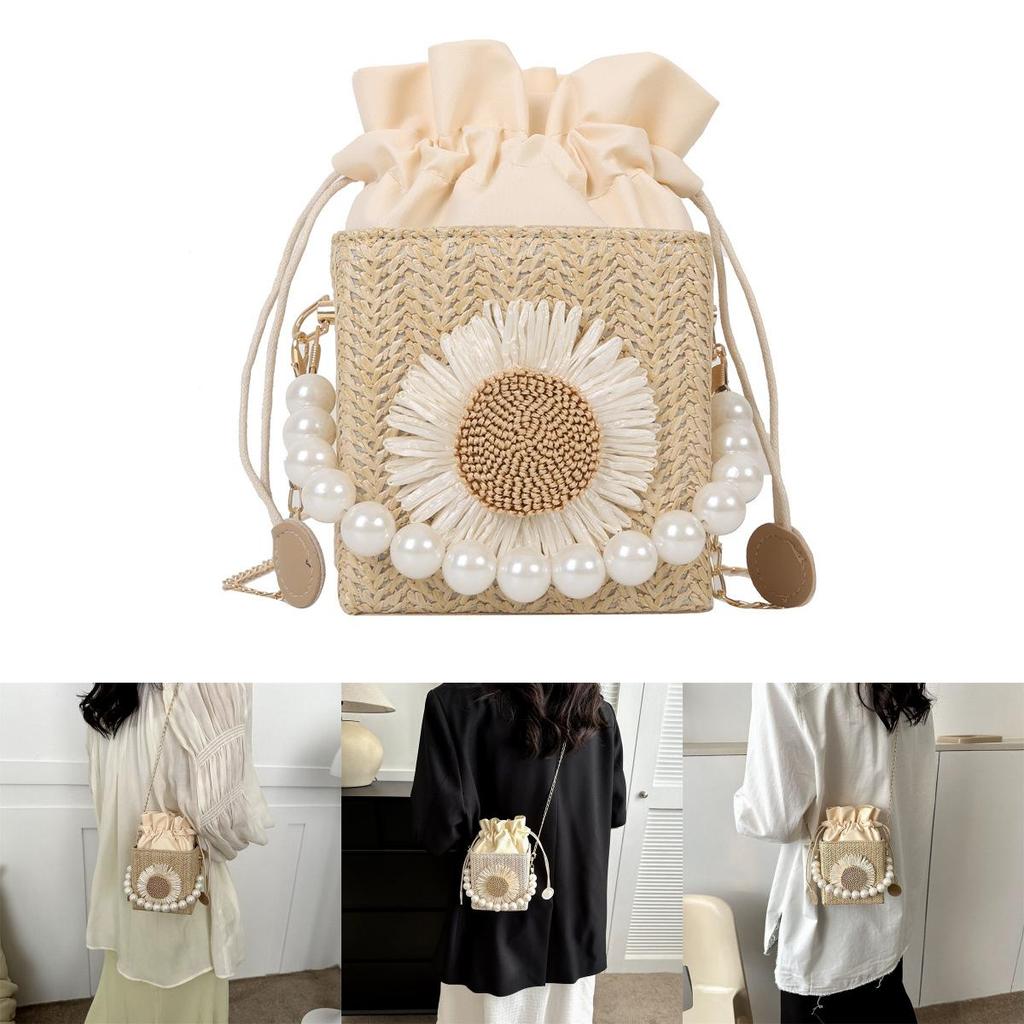 Stylish Woven Bucket Bag For Women Chic Shoulder Bag With Inner Pocket Beige Fashion Handbag