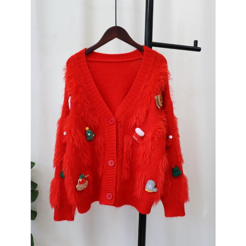 

Рождественский красный вязаный кардиган из искусственного норкового бархата с контрастной отделкой, осенне-зимний, свободный, мягкий, ворсистый, женский, с объемным декором one size fits all красный