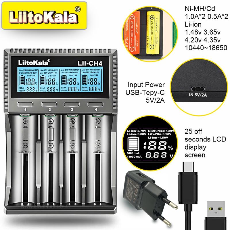 LiitoKala Lii-CH4 Smart-Ladegerät für 18650/21700/26650/AA/AAA/Ni-MH/Li-ion, 1,2V/1,5V 4-Schacht Schnellladung, USB-C, Automatische Erkennung