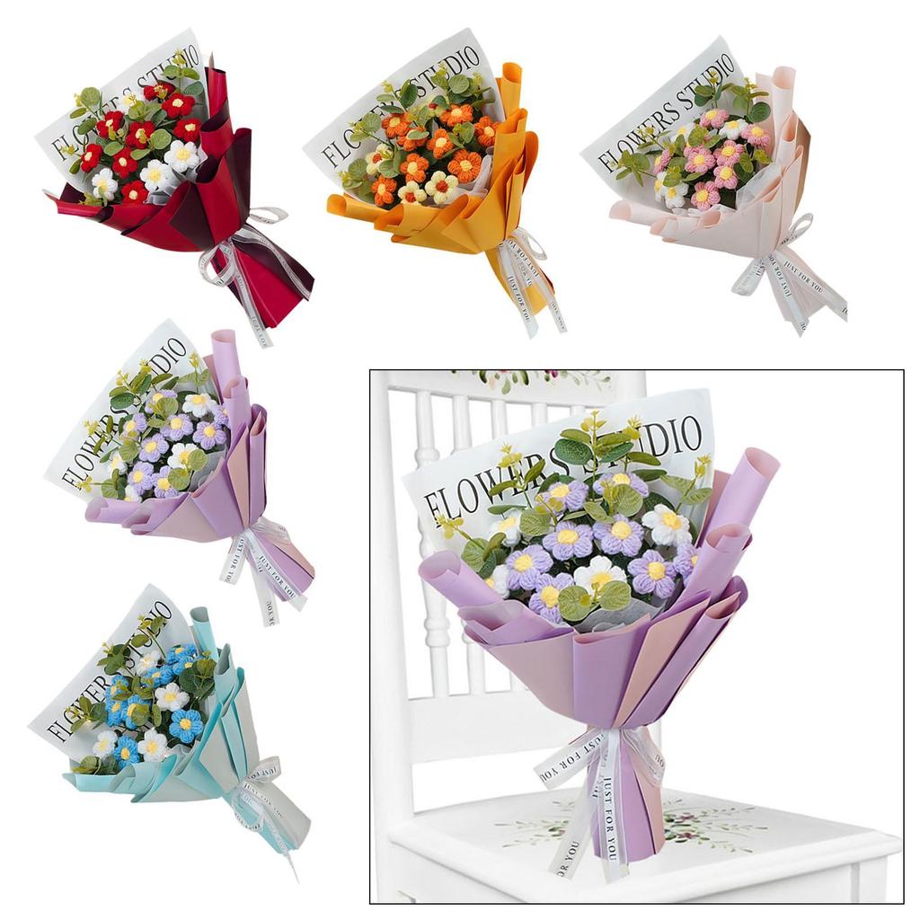 Crochet Flower Bouquet Handmade Knitted Faux Flower Gift Decor Preserved Flower for Festival Decorating Desktop Mother Day