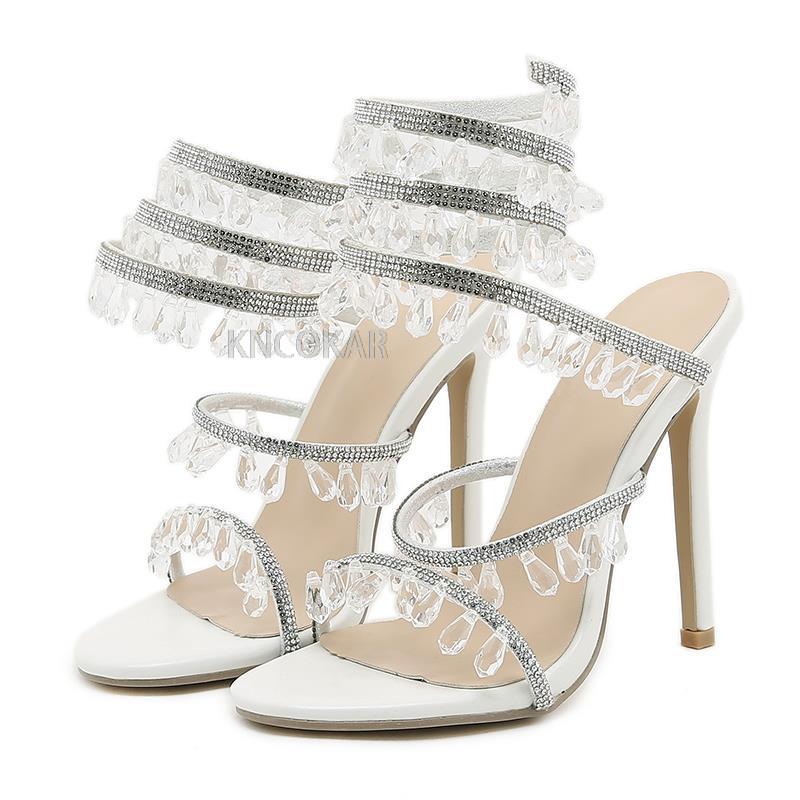2025 New Women's Sandals Luxury Rhinestone Wraparound Ankle Women's Stiletto Heels Wedding Shoes Banquet Shoes