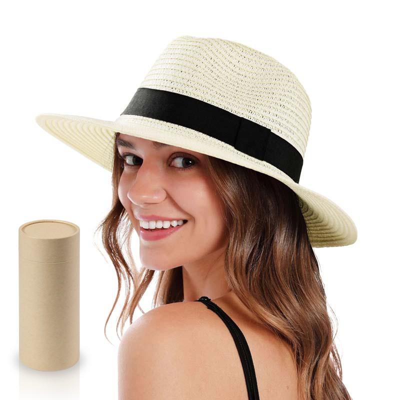 Womens Wide Brim Paper Straw Hat Beach Vacation Sun Protection Foldable Panama Style