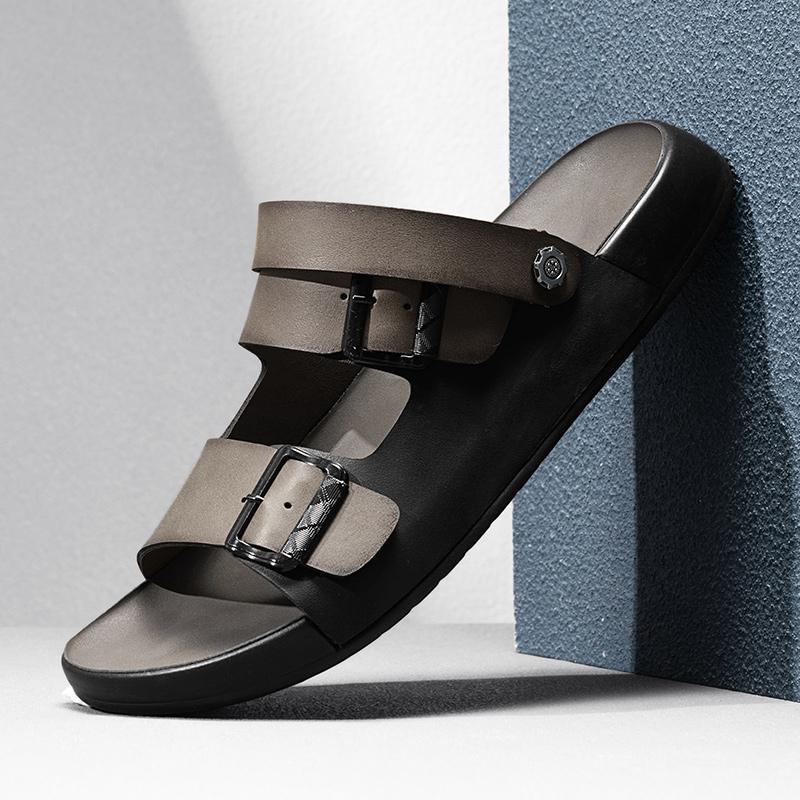 

Hiking Comfort Soft Sole Sandals Men Ankle Wrap Leather Indoor Outdoor Dual-purpose Slippers Man Beach Vacation Trekking Sandals 44 черный коричневый