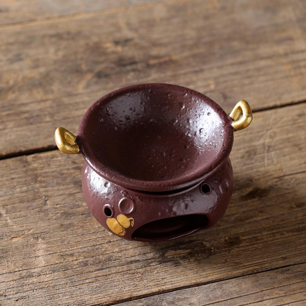 Purple Glaze Fu Lu Round Tea Stove + Triangle Golden Ear Baking Pan Ceramic Stir-Frying Tea Maker Set