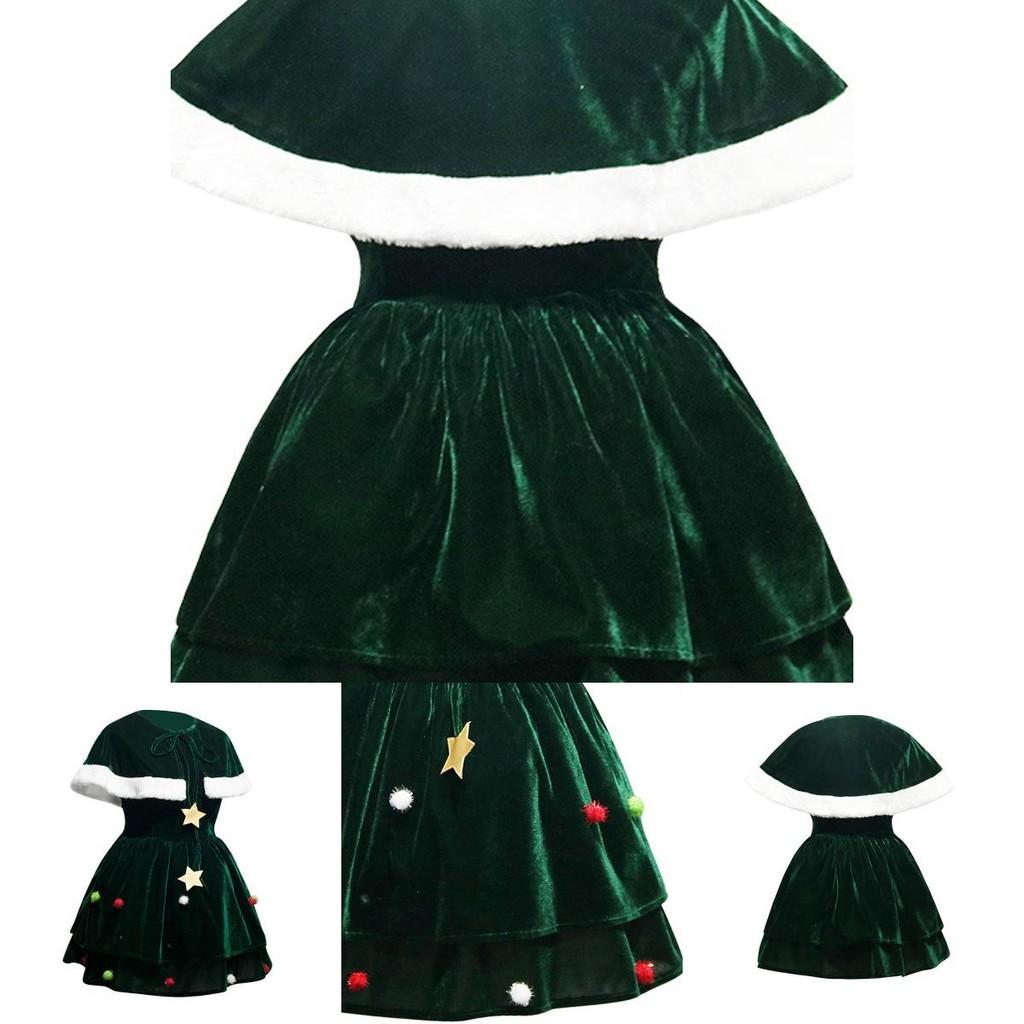 Classic Women Christmas Tree Costume Velvet Dress Cloak Hat Party Props Plus Size