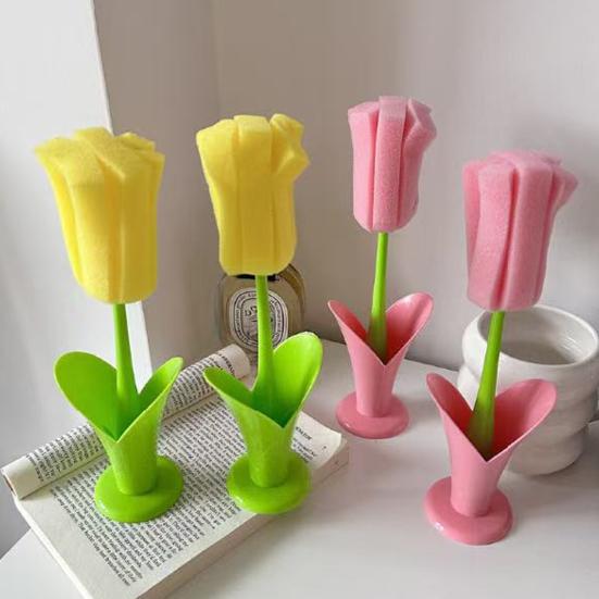 Cup Brush Tulip Shape Ergonomic Handle Cleaning Brush Scratch-Free Sponge Brush Decorative Vase Cleaner